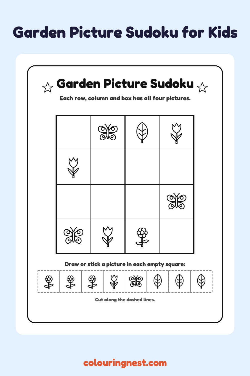 Garden Picture Sudoku worksheet: free printable black-and-white line art