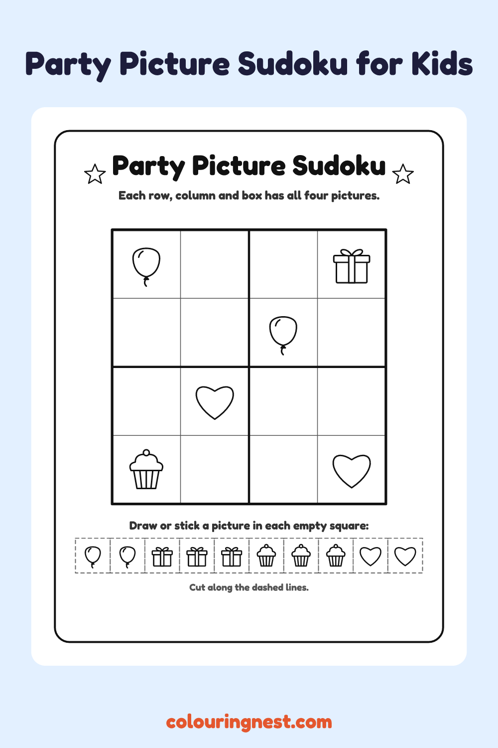 Party Picture Sudoku worksheet: free printable black-and-white line art