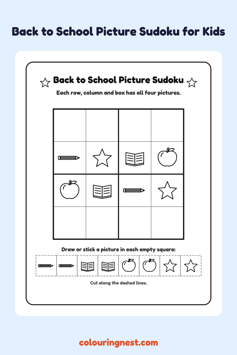Back to School Picture Sudoku worksheet: free printable black-and-white line art