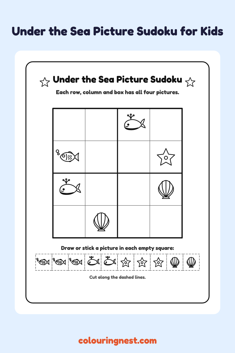 Under the Sea Picture Sudoku worksheet: free printable black-and-white line art