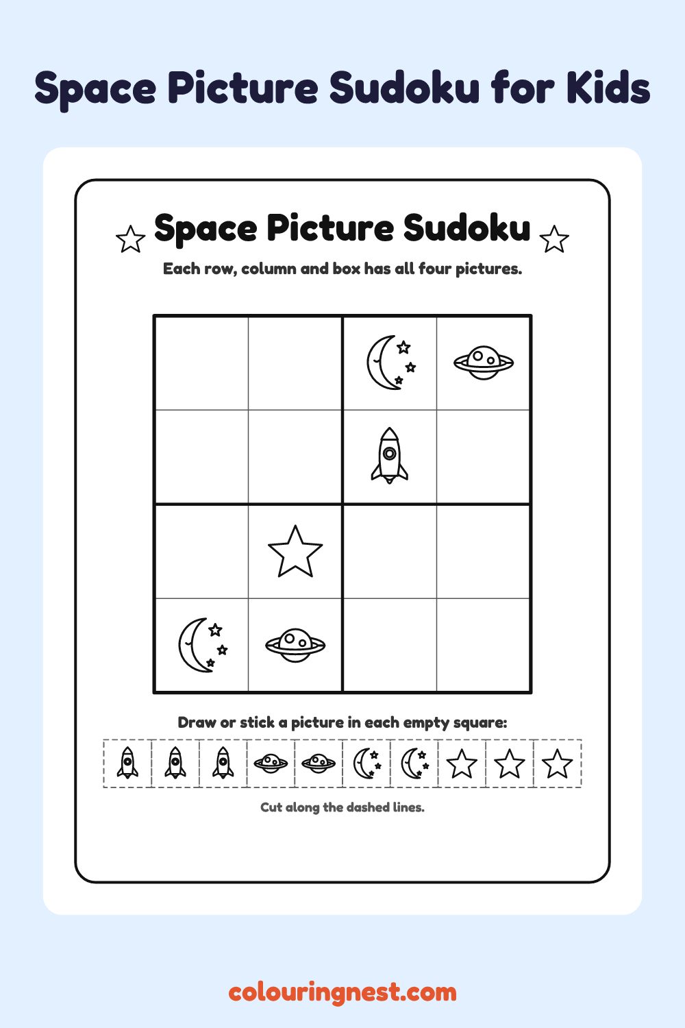 Space Picture Sudoku worksheet: free printable black-and-white line art