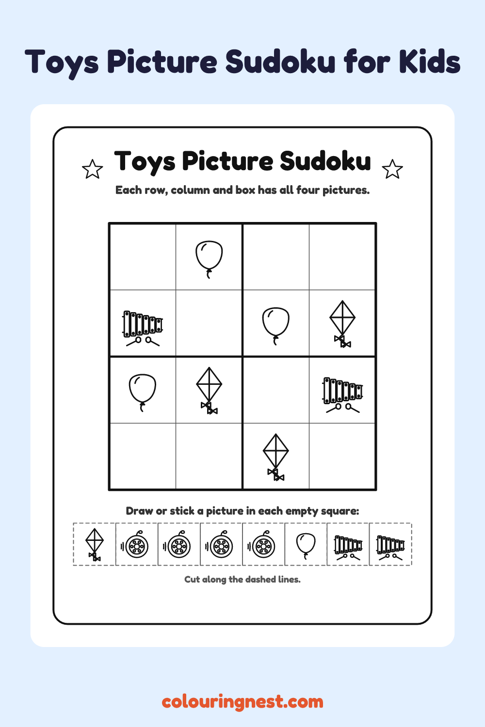 Toys Picture Sudoku worksheet: free printable black-and-white line art