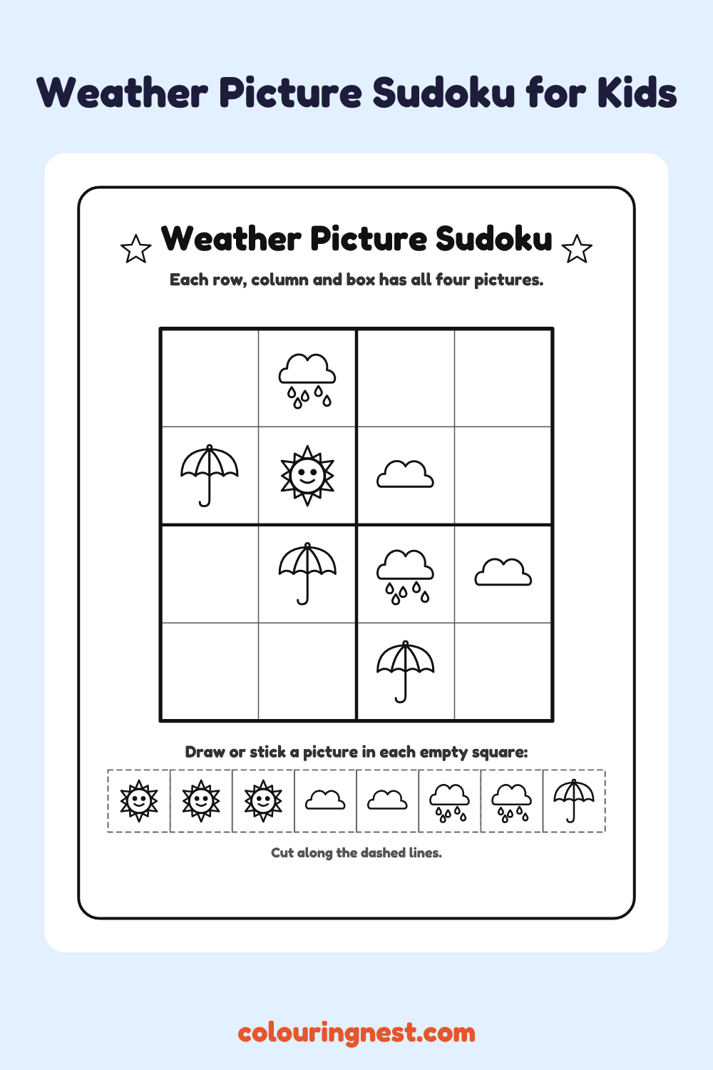 Weather Picture Sudoku worksheet: free printable black-and-white line art