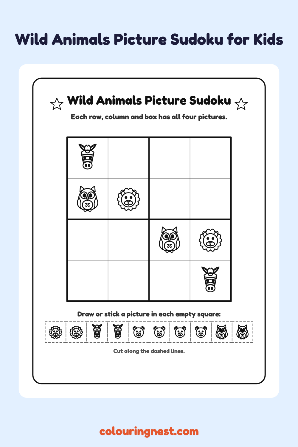 Wild Animals Picture Sudoku worksheet: free printable black-and-white line art