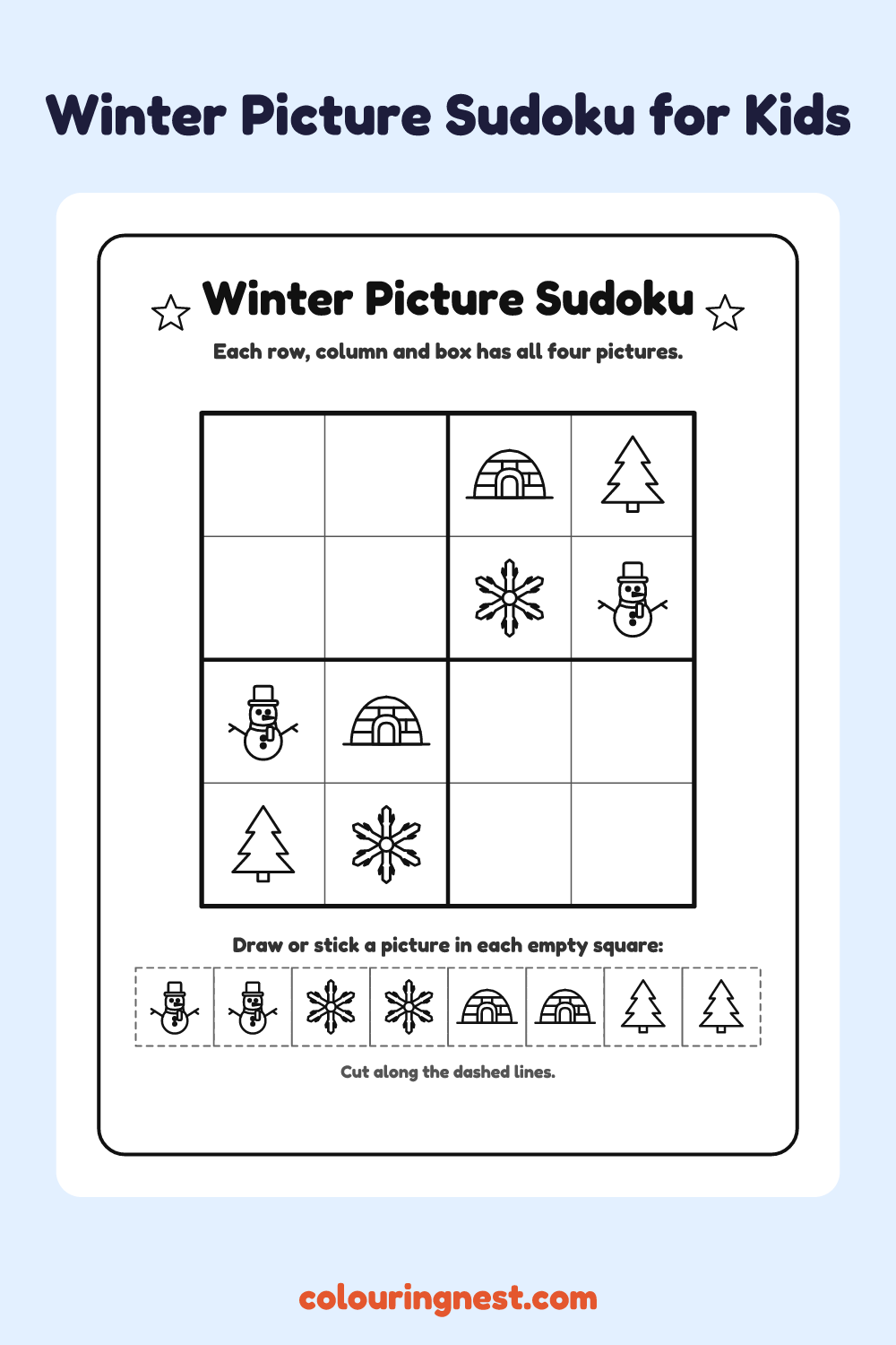 Winter Picture Sudoku worksheet: free printable black-and-white line art