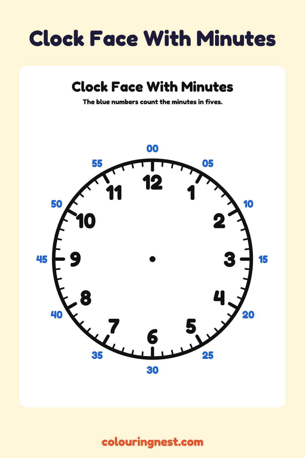 Clock Face With Minutes: free printable clock face from Colouring Nest