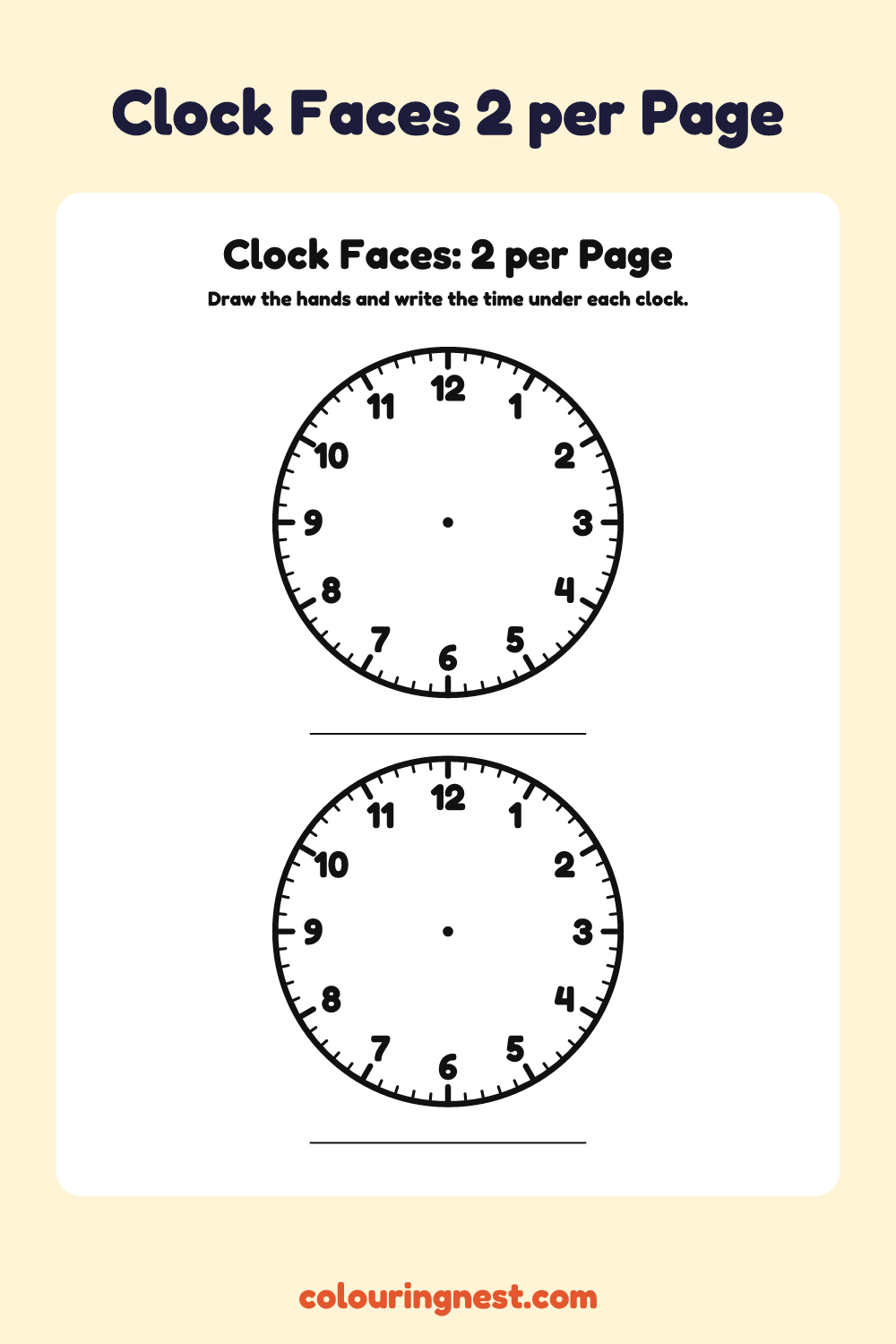 Clock Faces: 2 per Page: free printable clock face from Colouring Nest