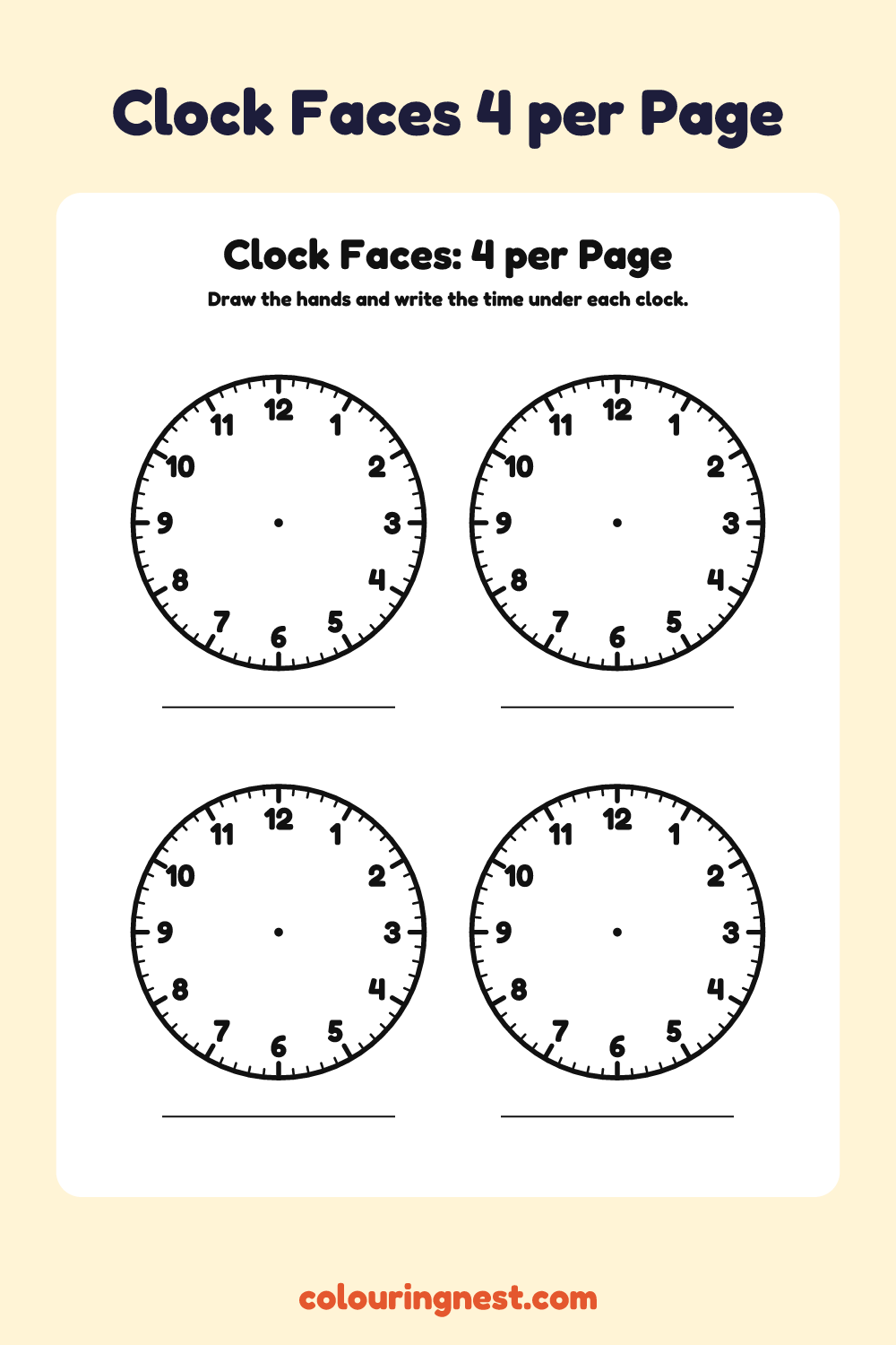 Clock Faces: 4 per Page: free printable clock face from Colouring Nest