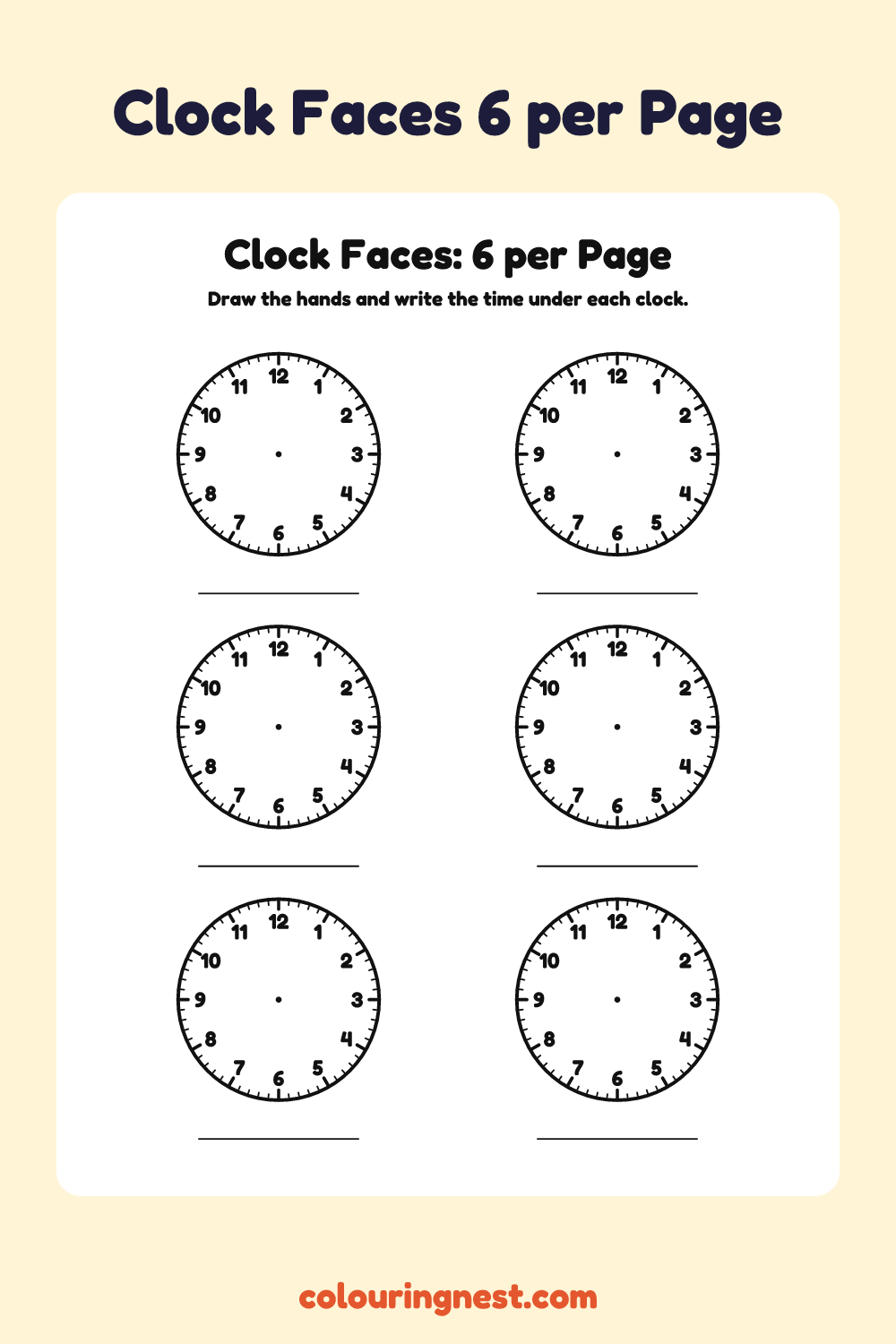 Clock Faces: 6 per Page: free printable clock face from Colouring Nest