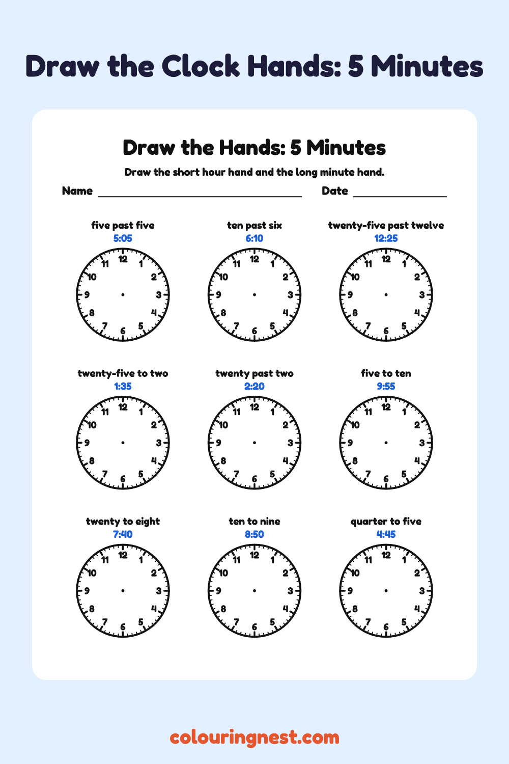 Draw the Hands: 5 Minutes: free printable telling time worksheet from Colouring Nest