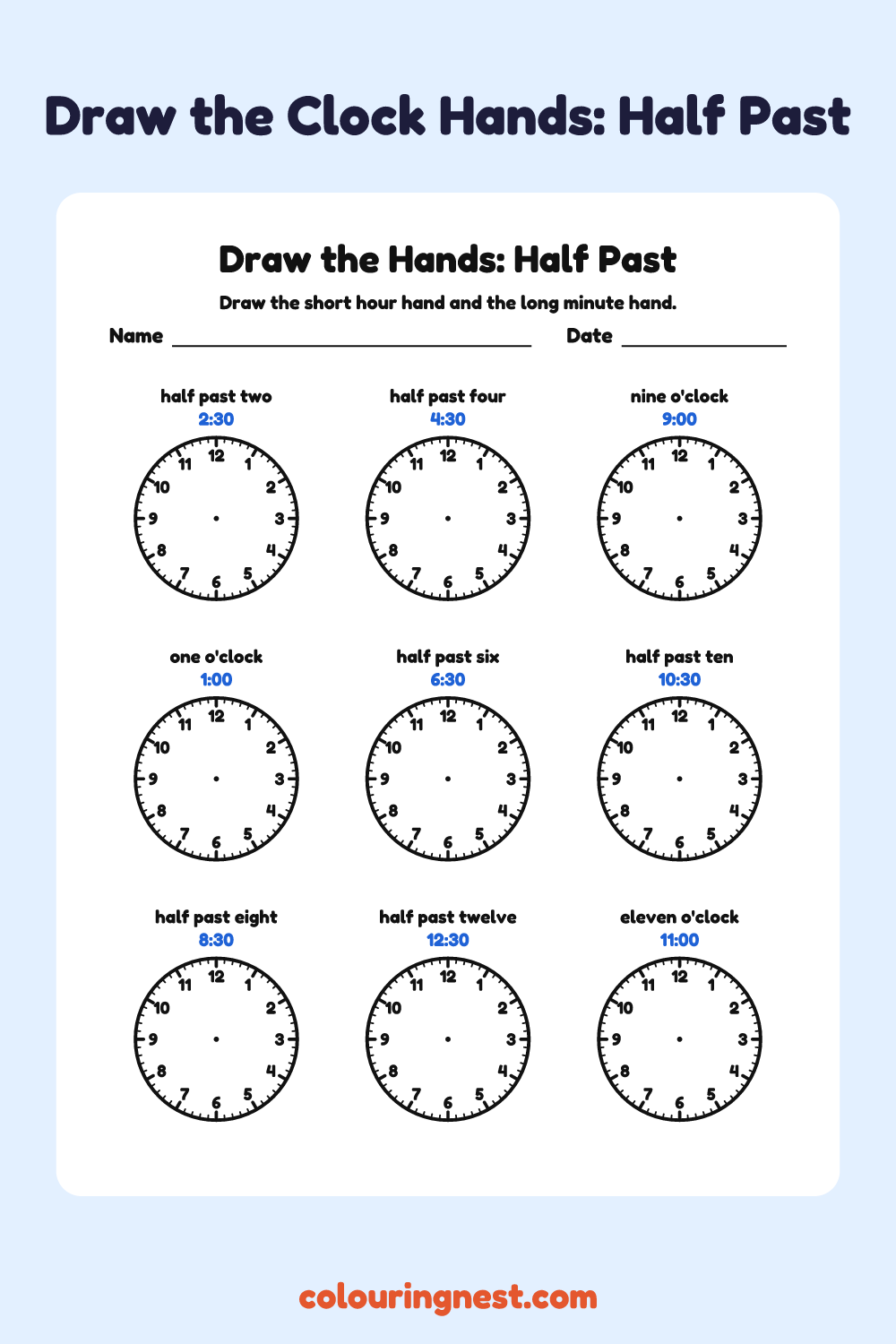 Draw the Hands: Half Past: free printable telling time worksheet from Colouring Nest