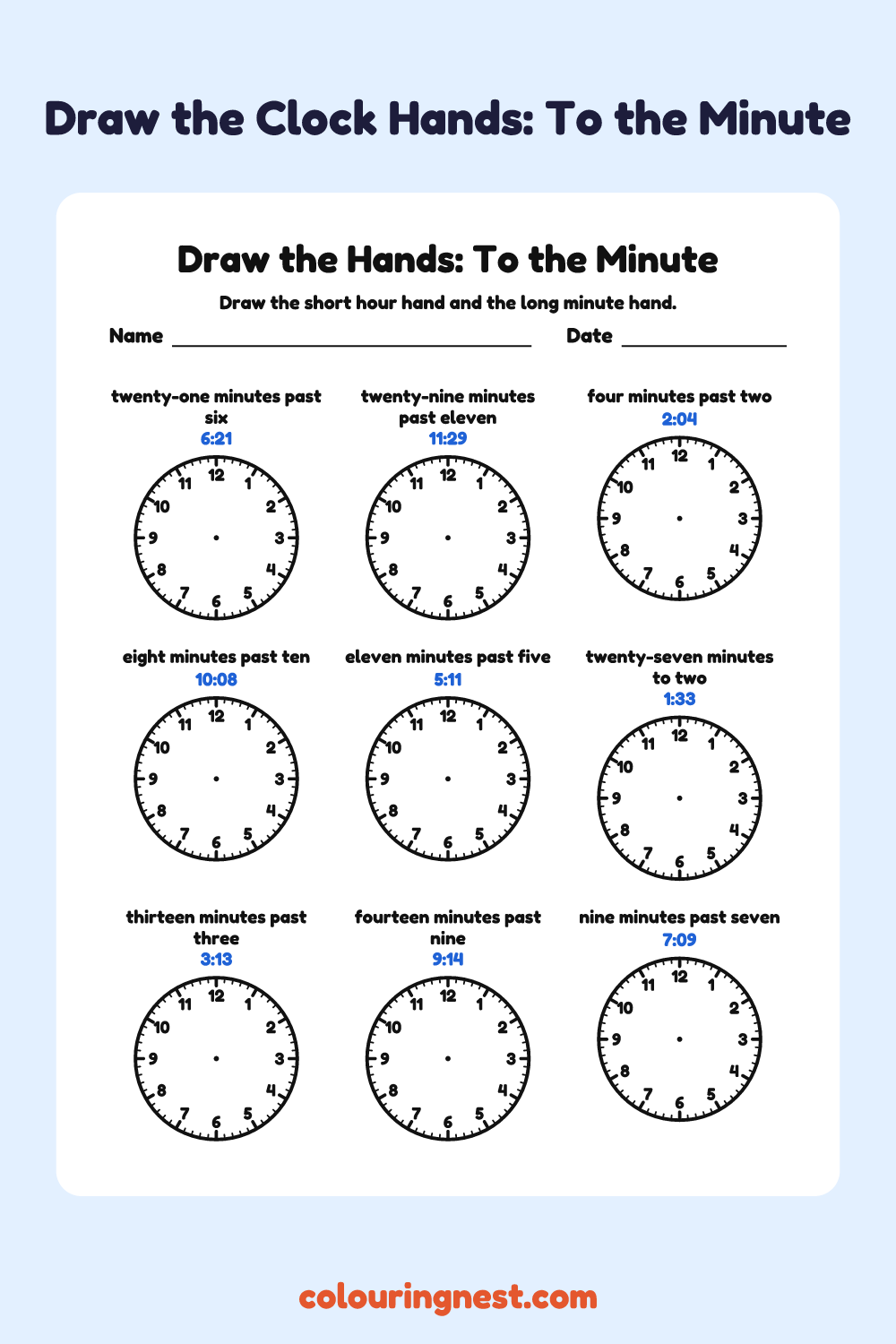 Draw the Hands: To the Minute: free printable telling time worksheet from Colouring Nest