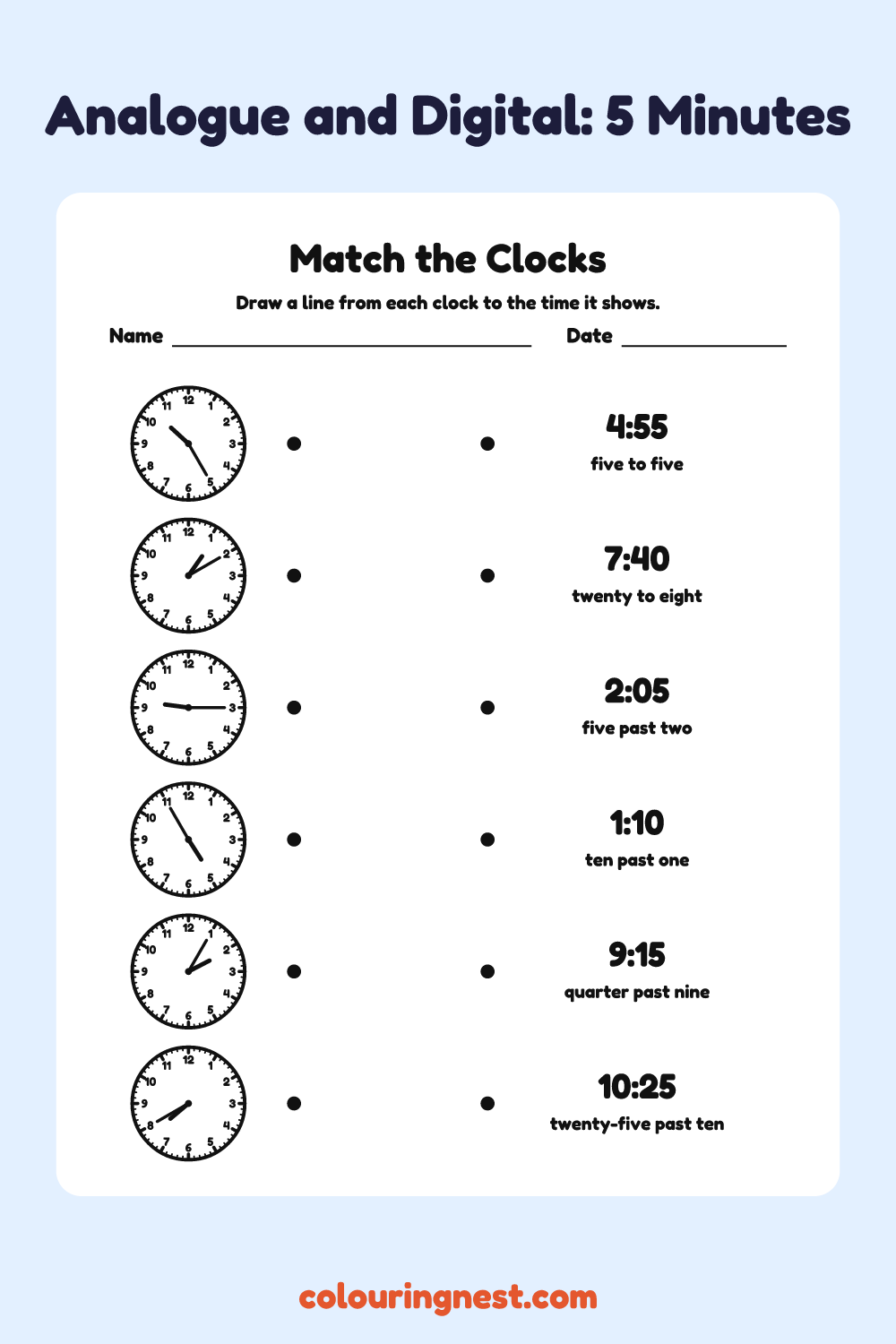 Match the Clocks: 5 Minutes: free printable telling time worksheet from Colouring Nest