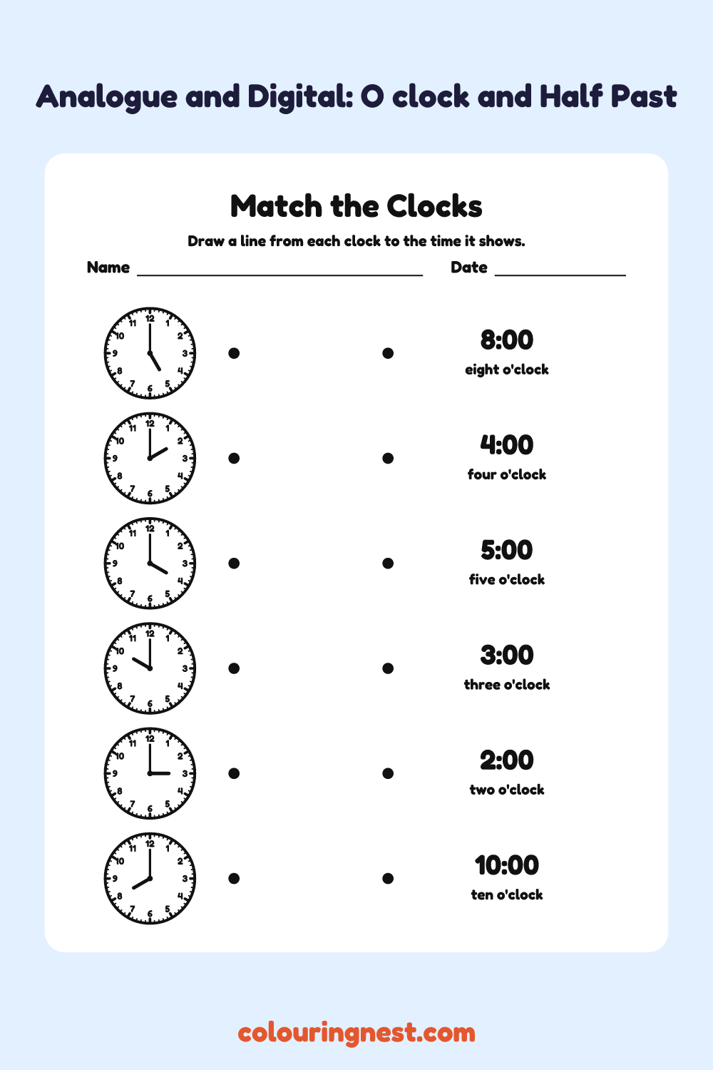 Match the Clocks: O’clock and Half Past: free printable telling time worksheet from Colouring Nest
