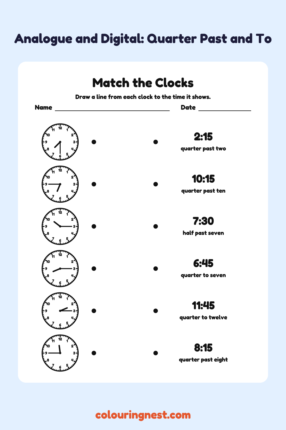 Match the Clocks: Quarter Past and To: free printable telling time worksheet from Colouring Nest