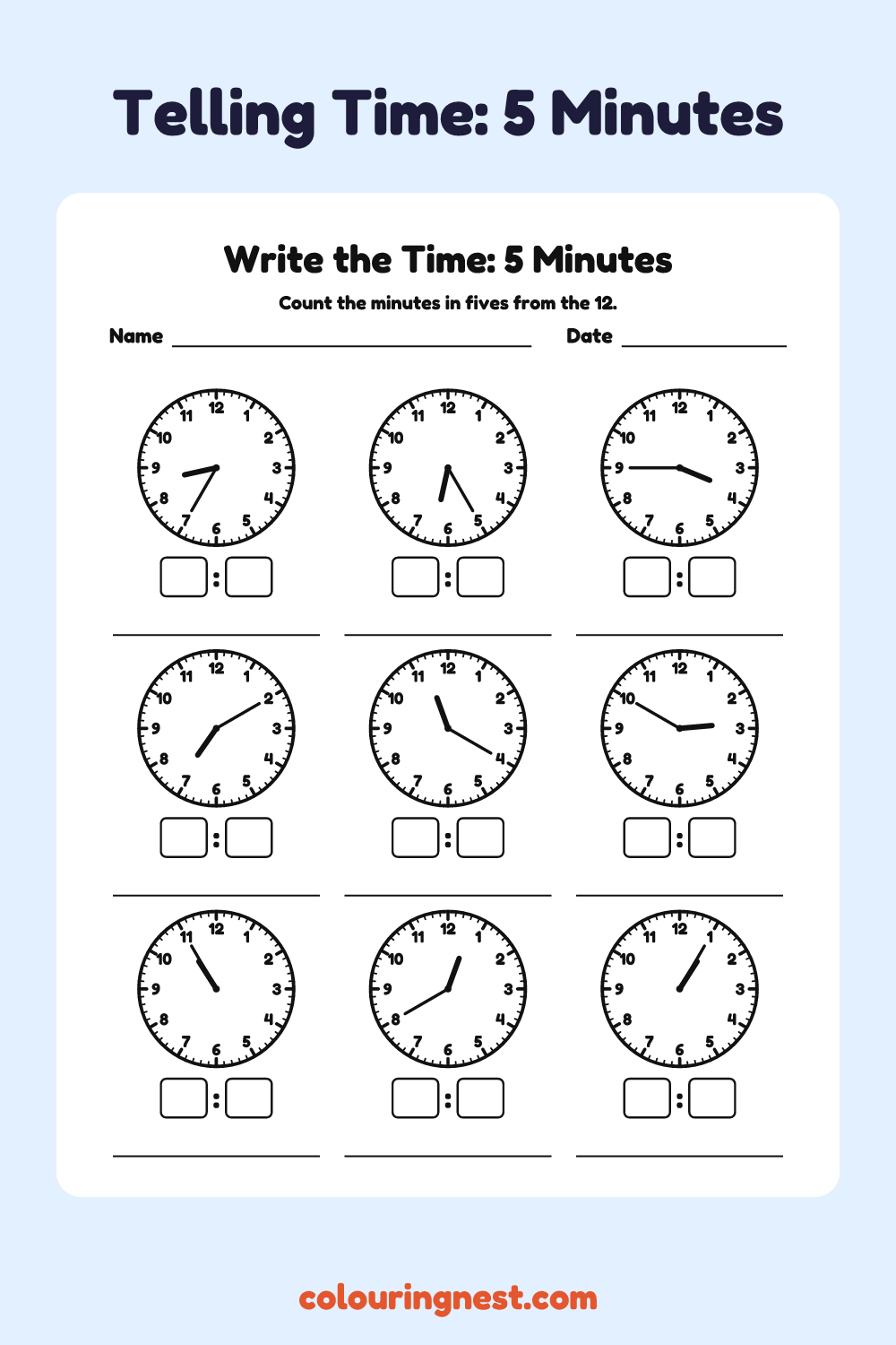 Write the Time: 5 Minutes: free printable telling time worksheet from Colouring Nest