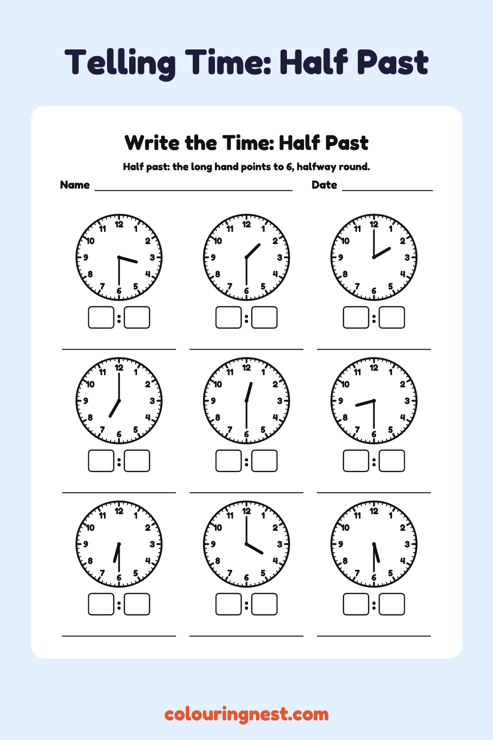 Write the Time: Half Past: free printable telling time worksheet from Colouring Nest