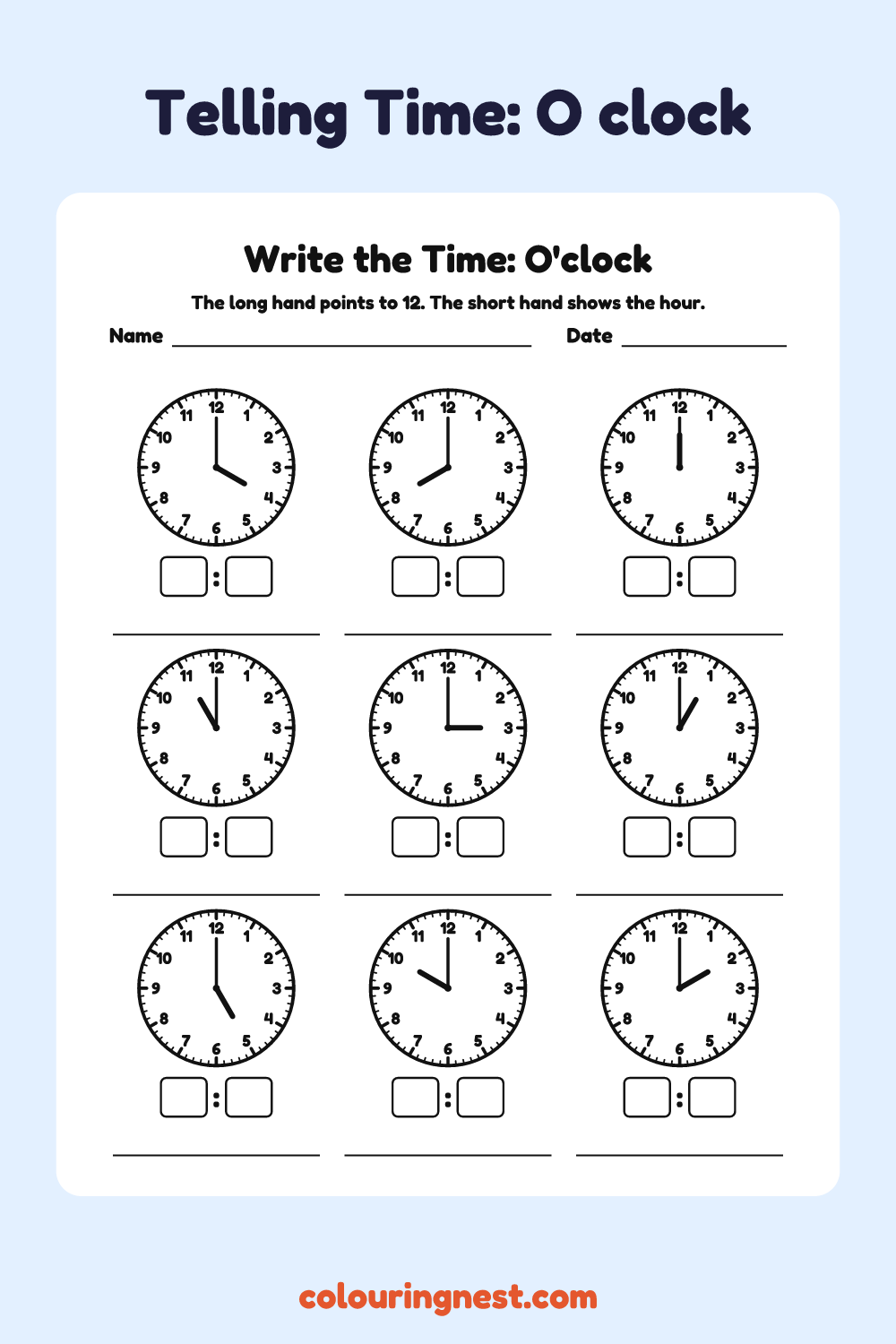 Write the Time: O’clock: free printable telling time worksheet from Colouring Nest