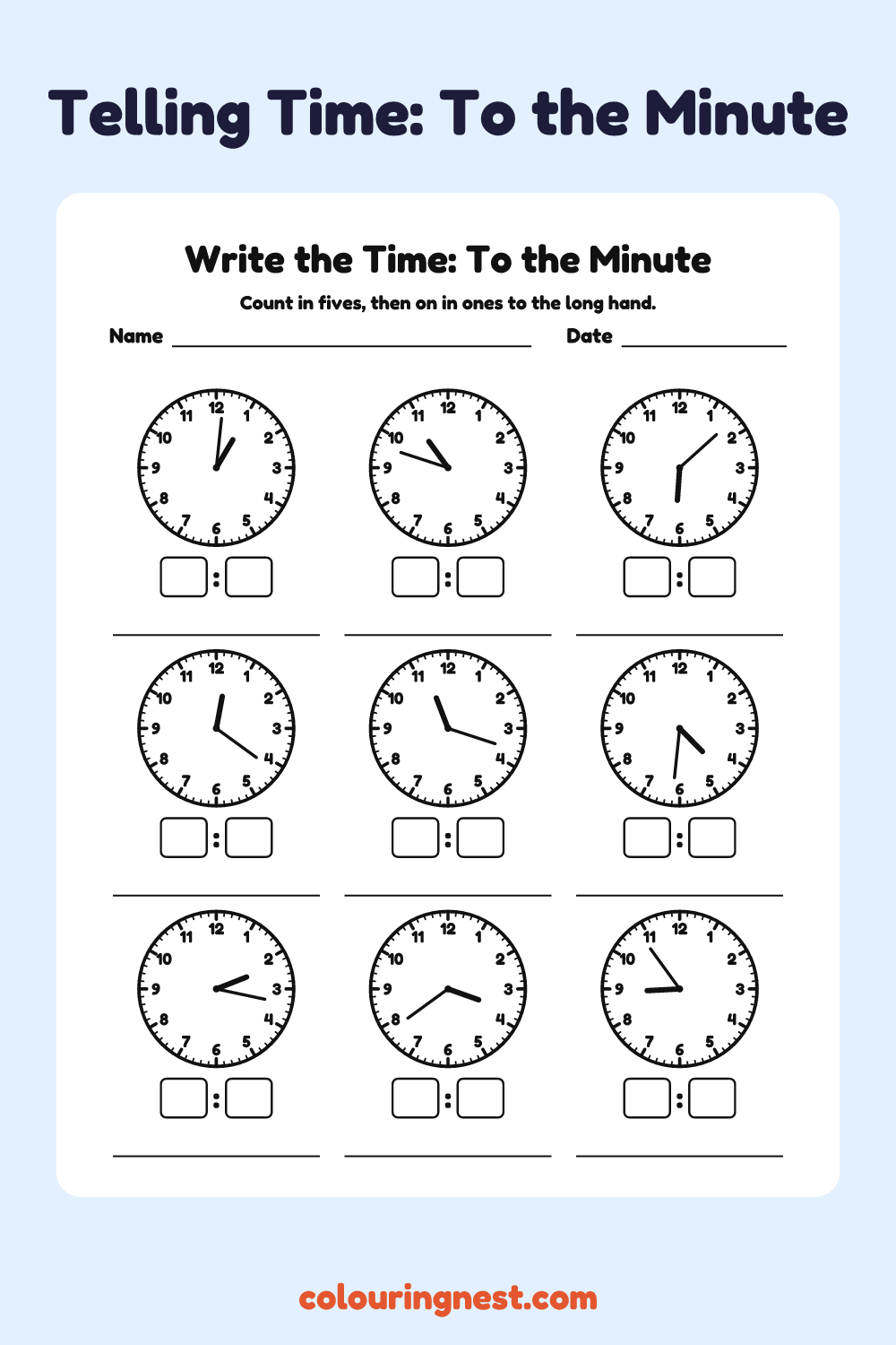 Write the Time: To the Minute: free printable telling time worksheet from Colouring Nest
