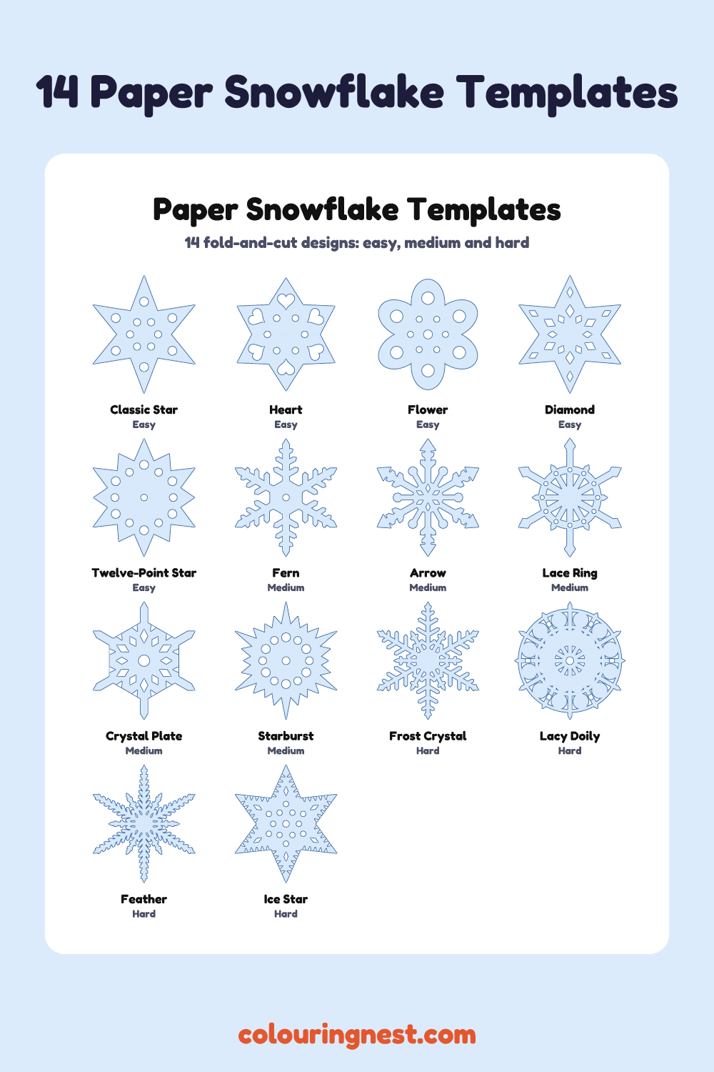 14 paper snowflake templates: easy, medium and hard six-point snowflakes