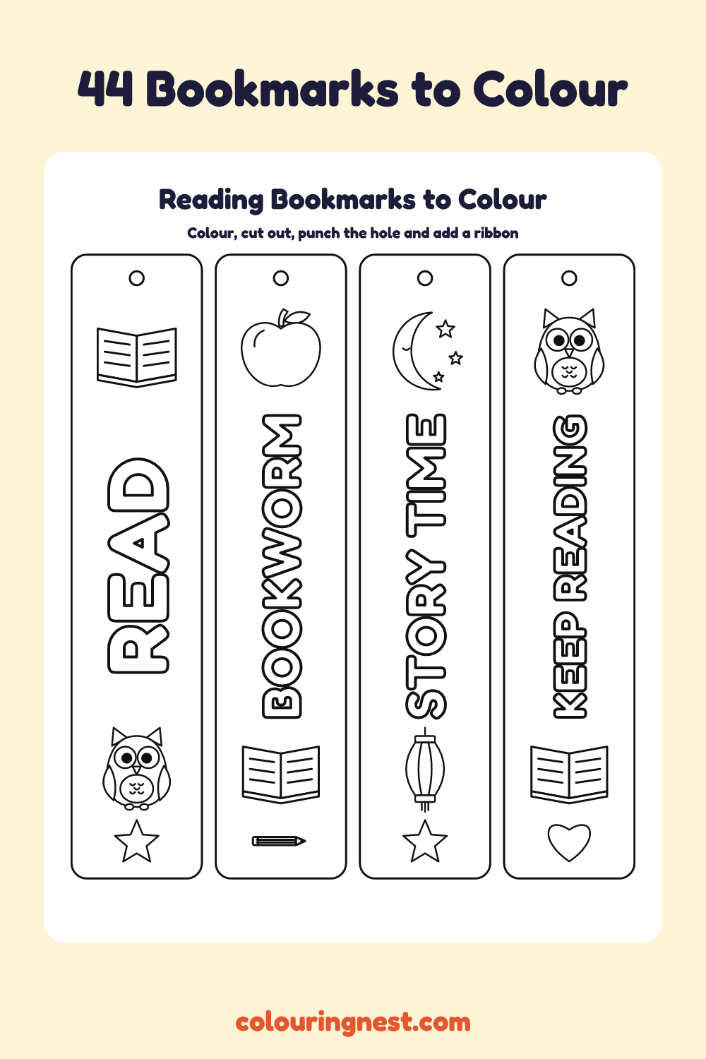 Printable bookmarks to colour: reading bookmarks with bubble letters