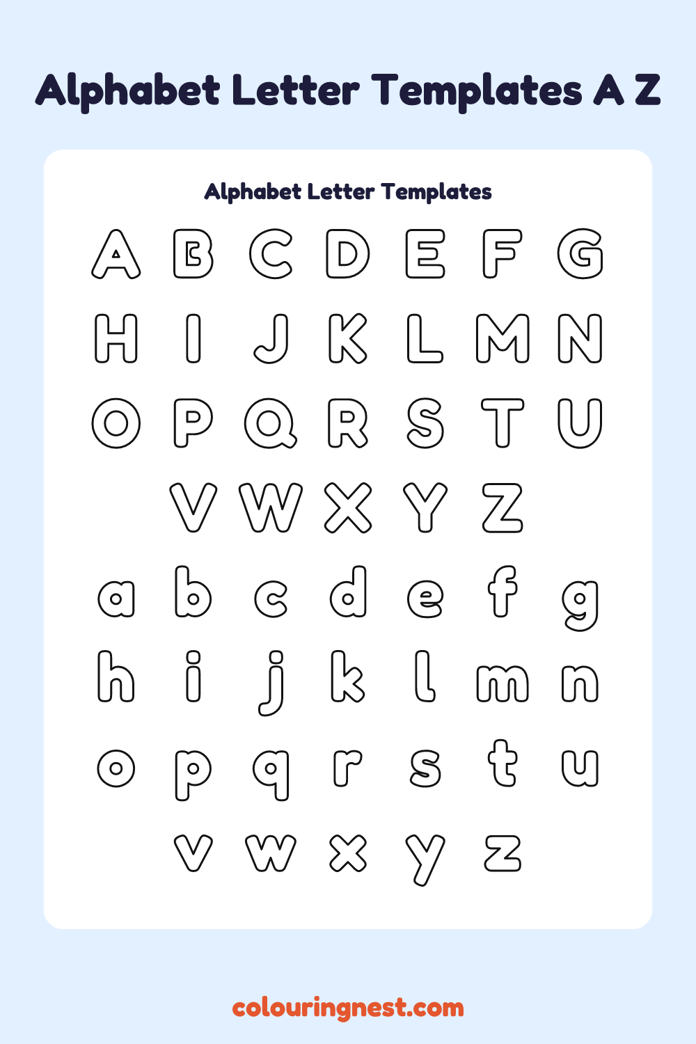 Alphabet letter templates: capital and lowercase letters A to Z as outlines