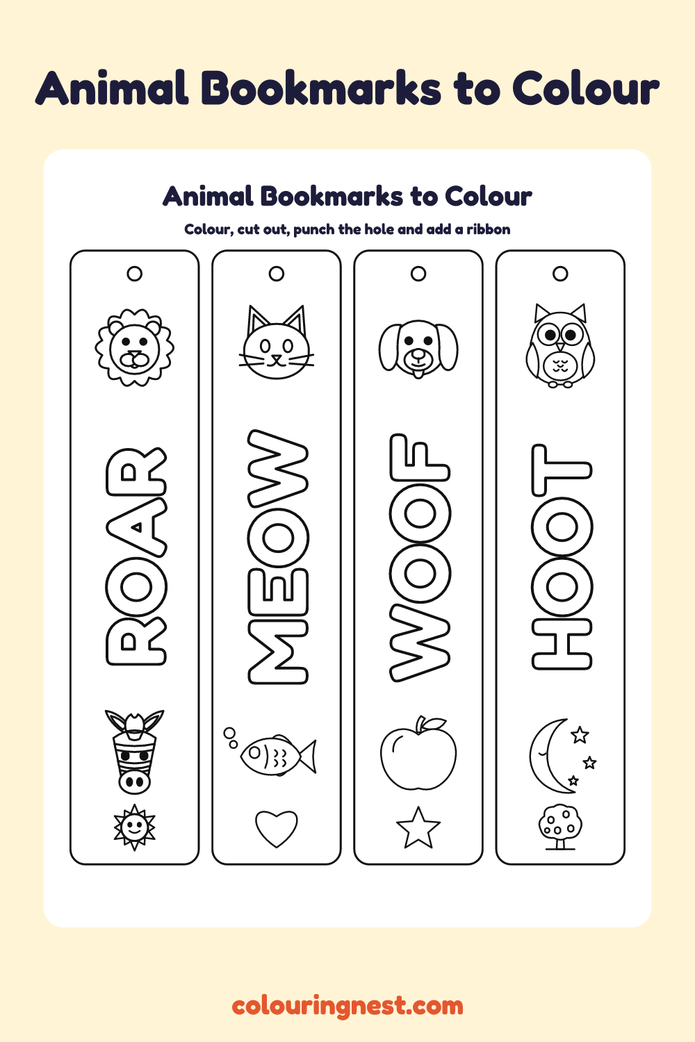 Animal bookmarks to colour: four printable bookmarks with bubble-letter words