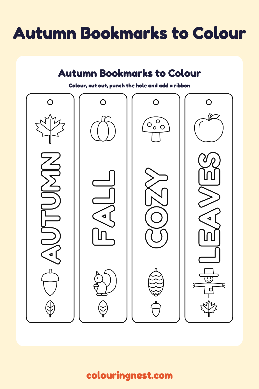 Autumn bookmarks to colour: four printable bookmarks with bubble-letter words