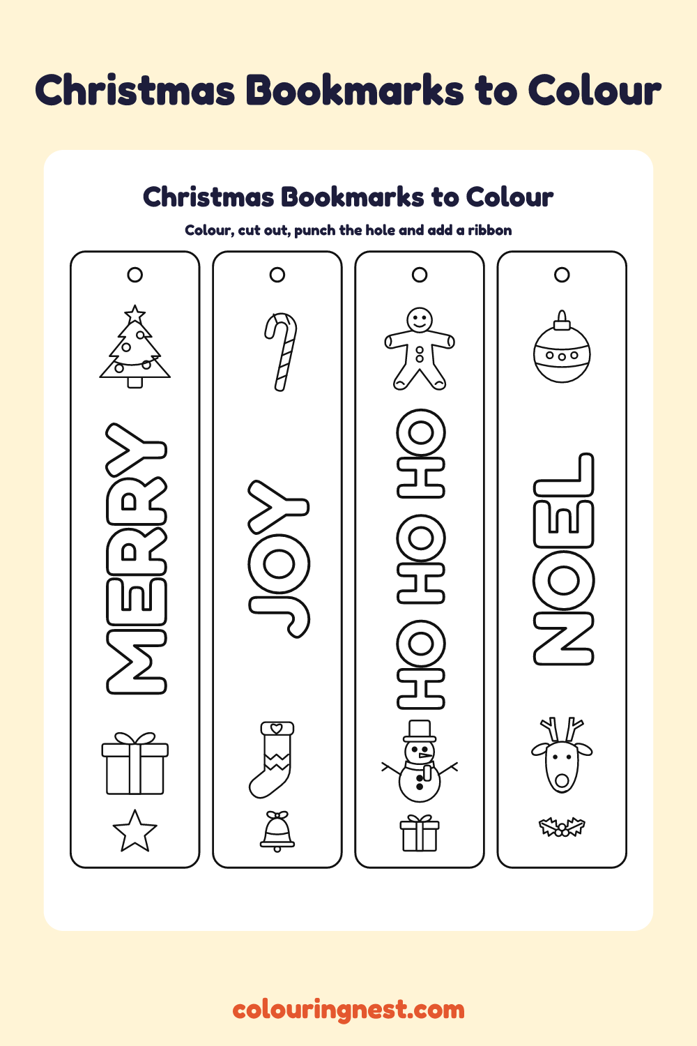 Christmas bookmarks to colour: four printable bookmarks with bubble-letter words