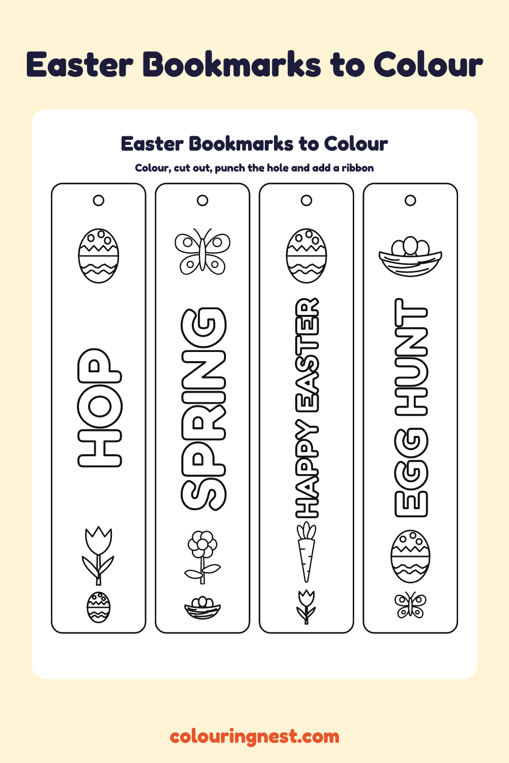 Easter bookmarks to colour: four printable bookmarks with bubble-letter words