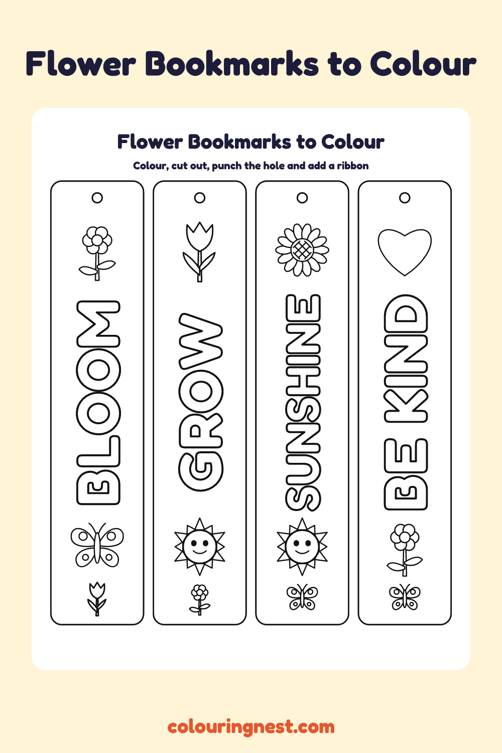 Flower bookmarks to colour: four printable bookmarks with bubble-letter words