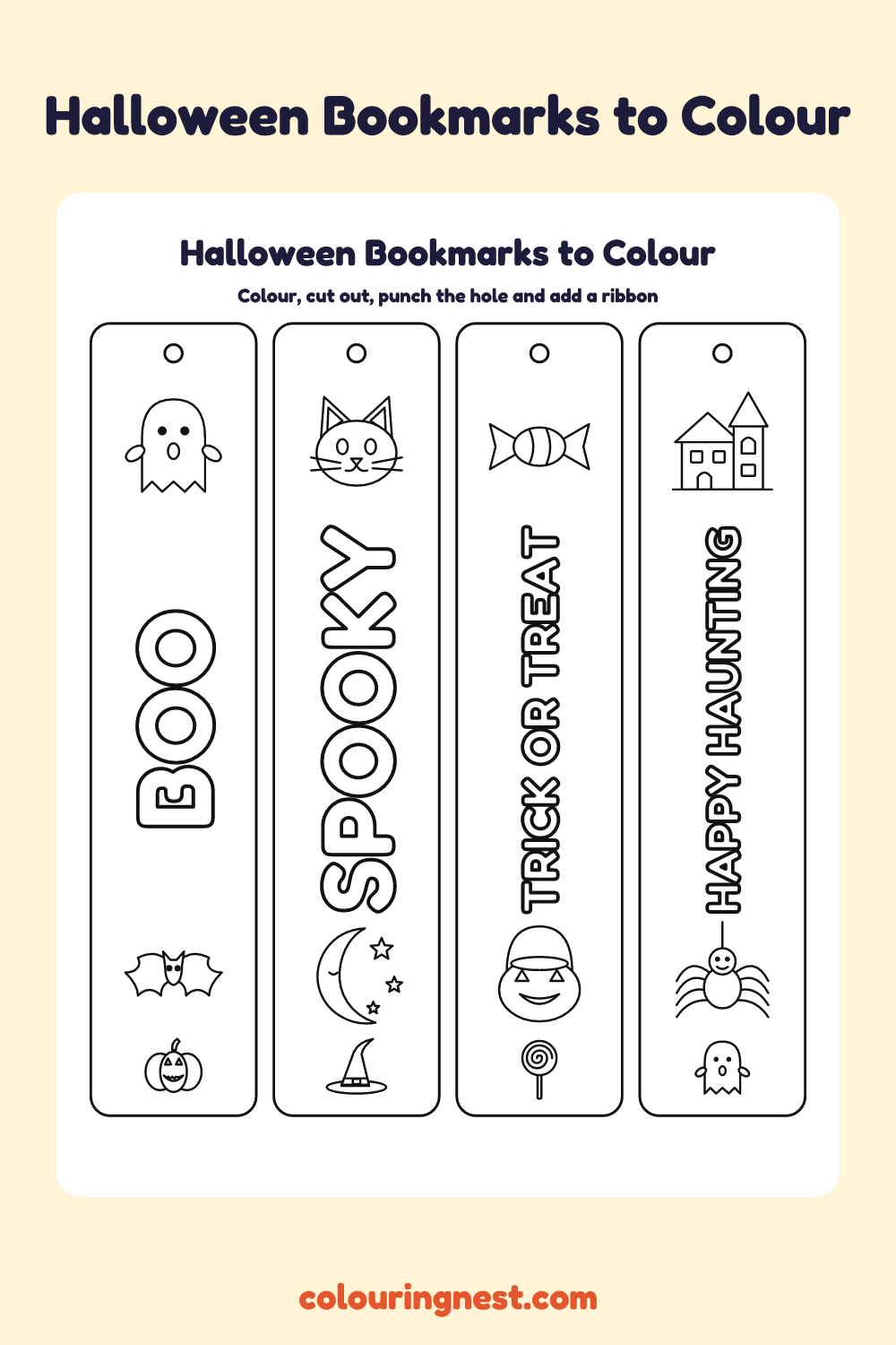 Halloween bookmarks to colour: four printable bookmarks with bubble-letter words