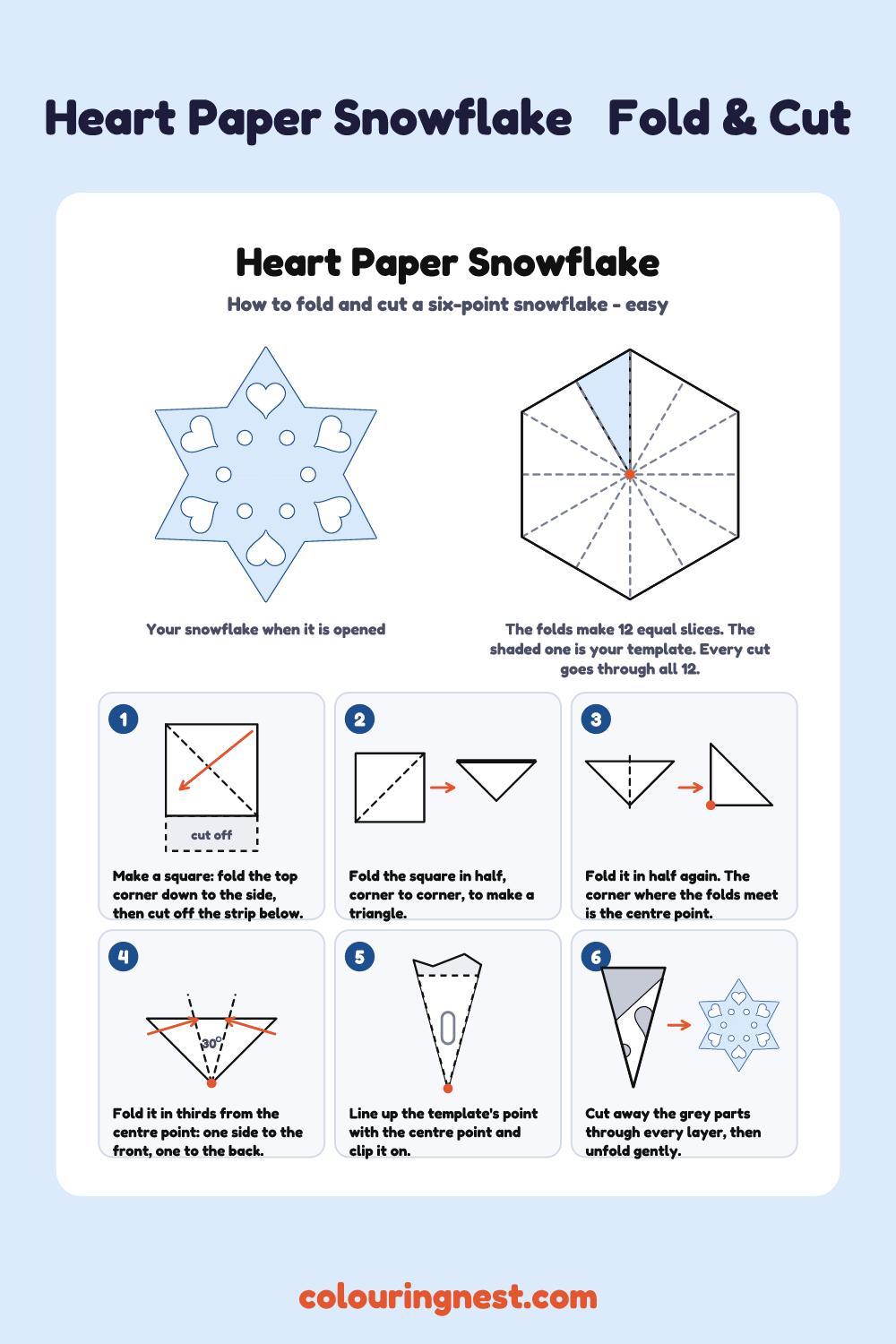 Heart paper snowflake template: fold steps and the finished six-point snowflake
