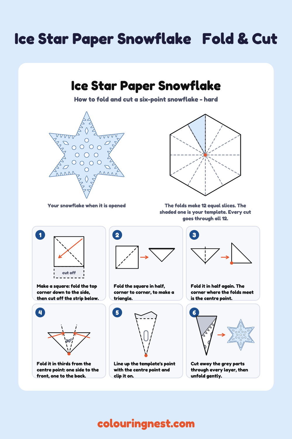 Ice Star paper snowflake template: fold steps and the finished six-point snowflake