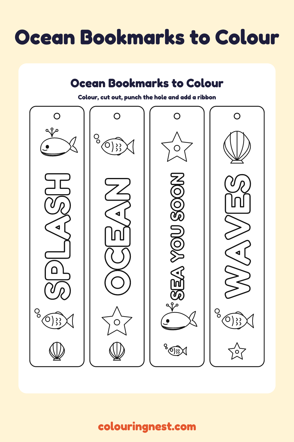 Ocean bookmarks to colour: four printable bookmarks with bubble-letter words