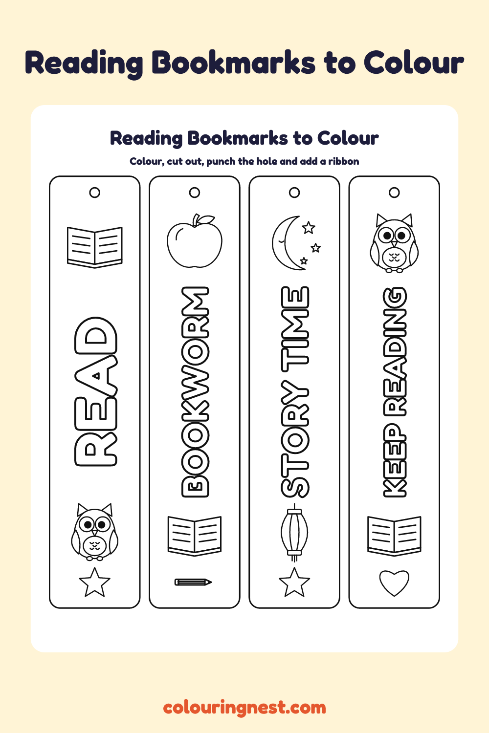 Reading bookmarks to colour: four printable bookmarks with bubble-letter words