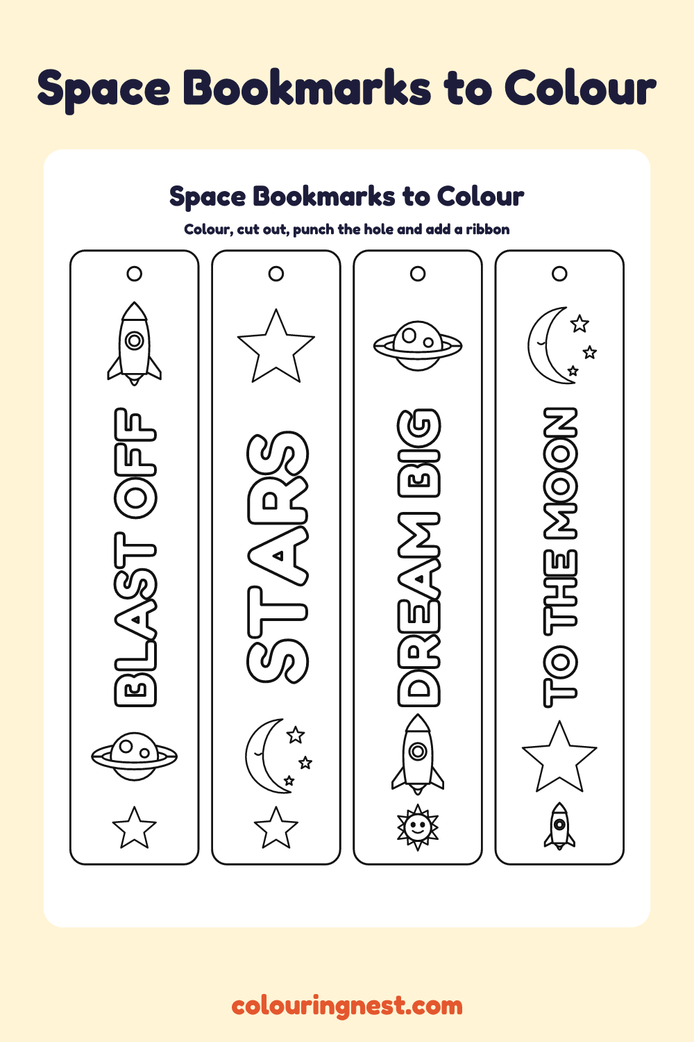 Space bookmarks to colour: four printable bookmarks with bubble-letter words