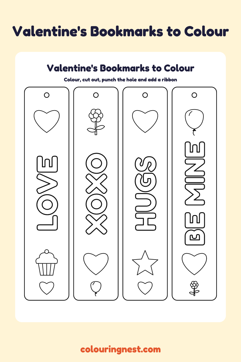 Valentine's bookmarks to colour: four printable bookmarks with bubble-letter words