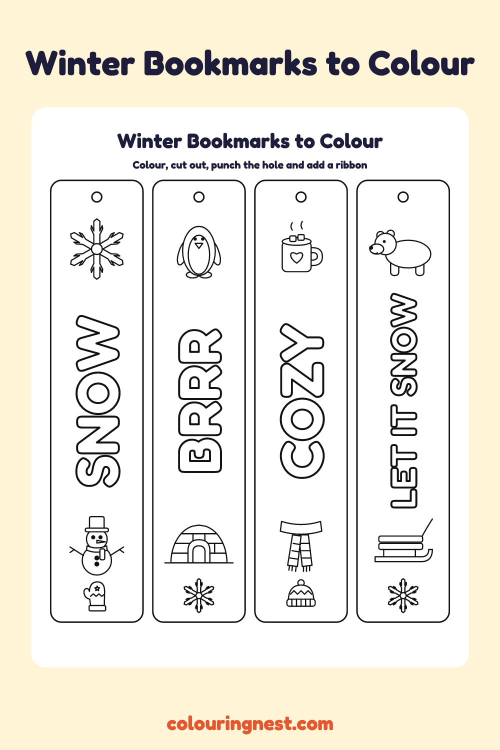 Winter bookmarks to colour: four printable bookmarks with bubble-letter words