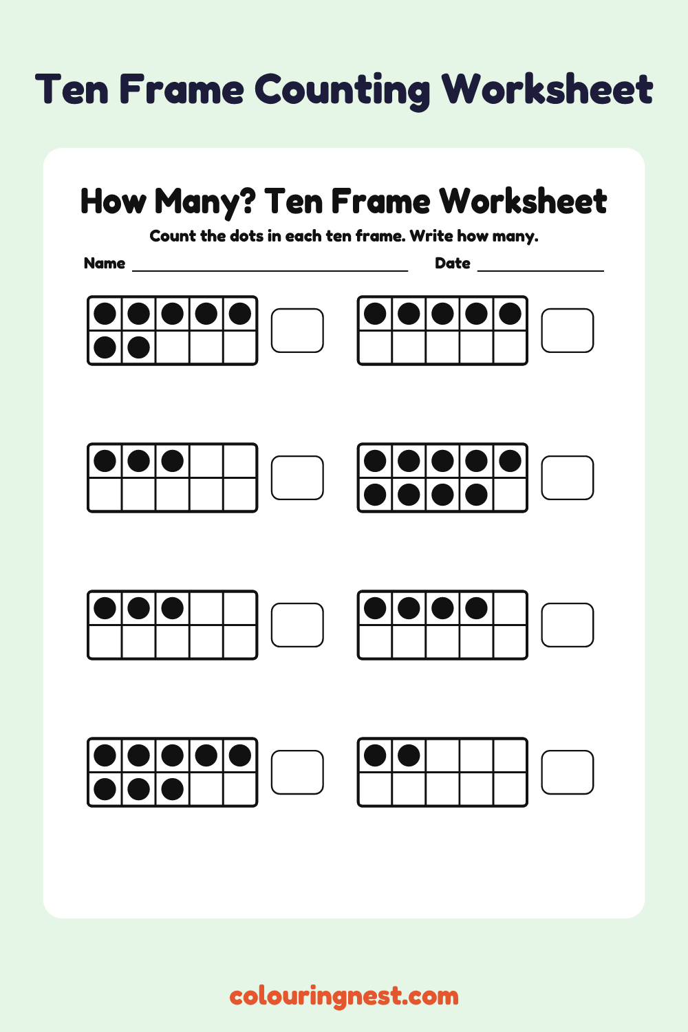How Many? Ten Frame Worksheet: free printable maths worksheet from Colouring Nest