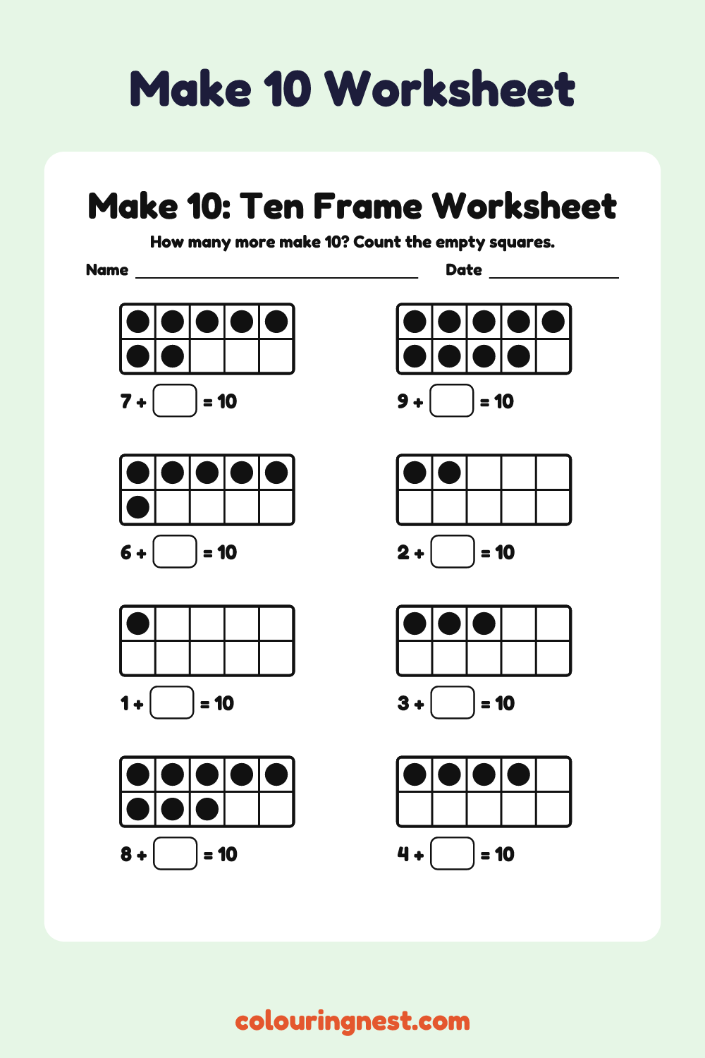 Make 10 Ten Frame Worksheet: free printable maths worksheet from Colouring Nest
