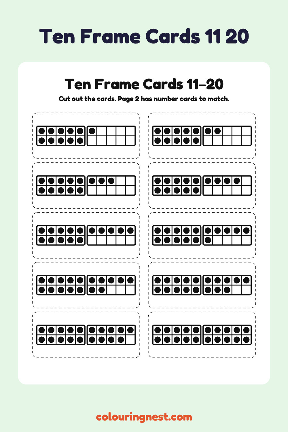 Ten Frame Cards 11–20: free printable maths chart from Colouring Nest