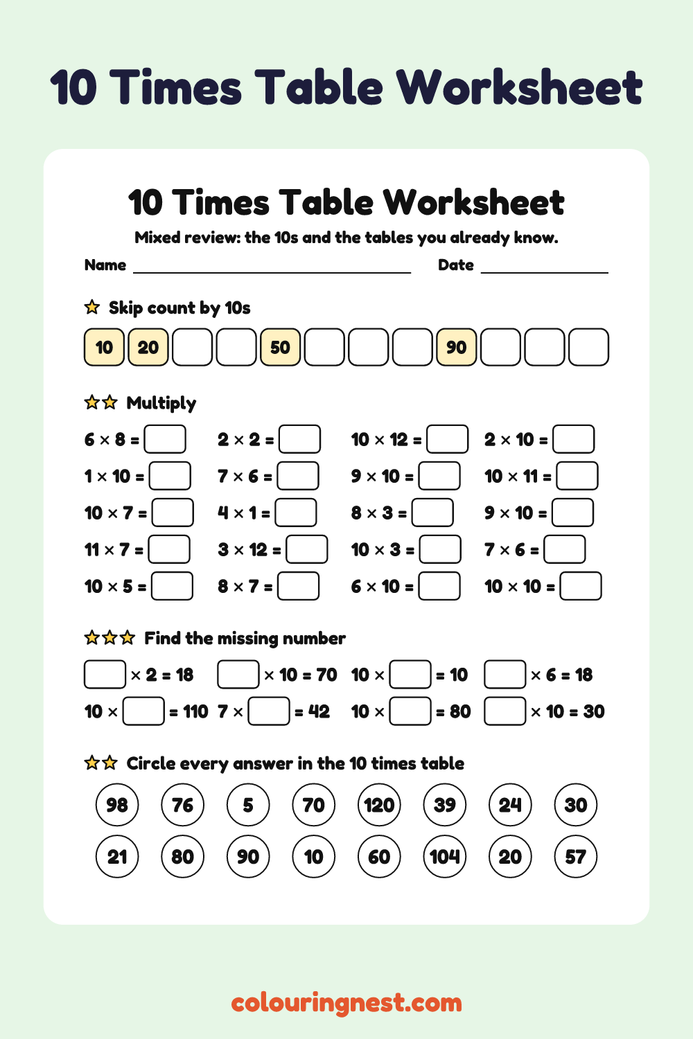 10 Times Table Worksheet: free printable maths worksheet from Colouring Nest