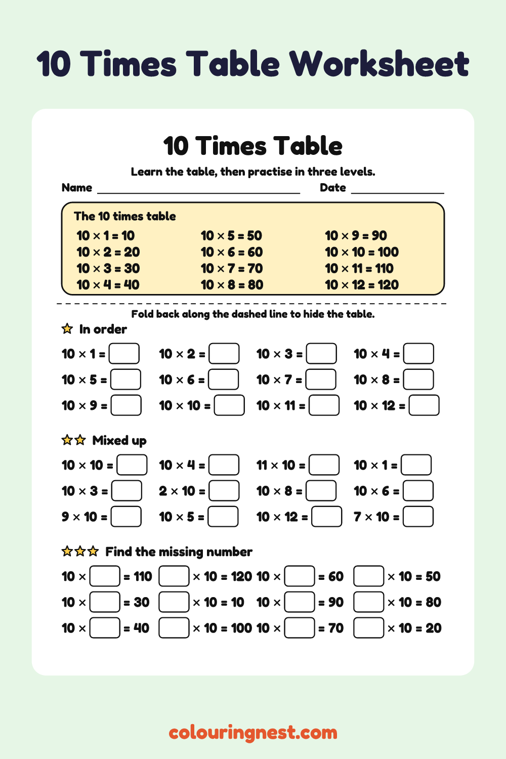 10 Times Table: free printable maths worksheet from Colouring Nest