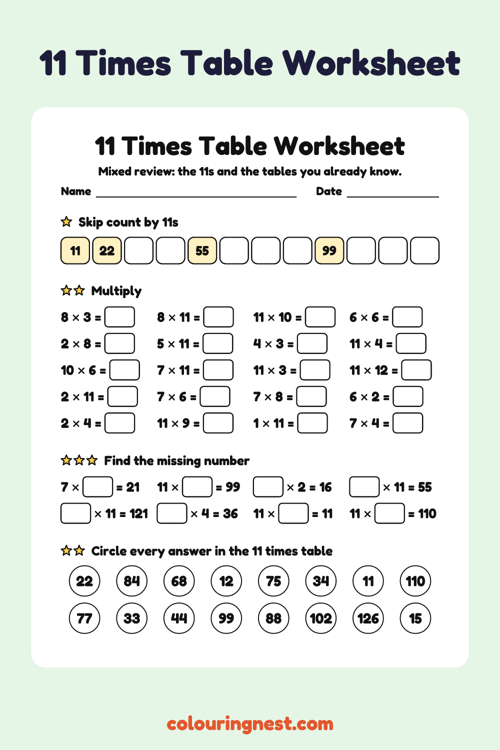 11 Times Table Worksheet: free printable maths worksheet from Colouring Nest