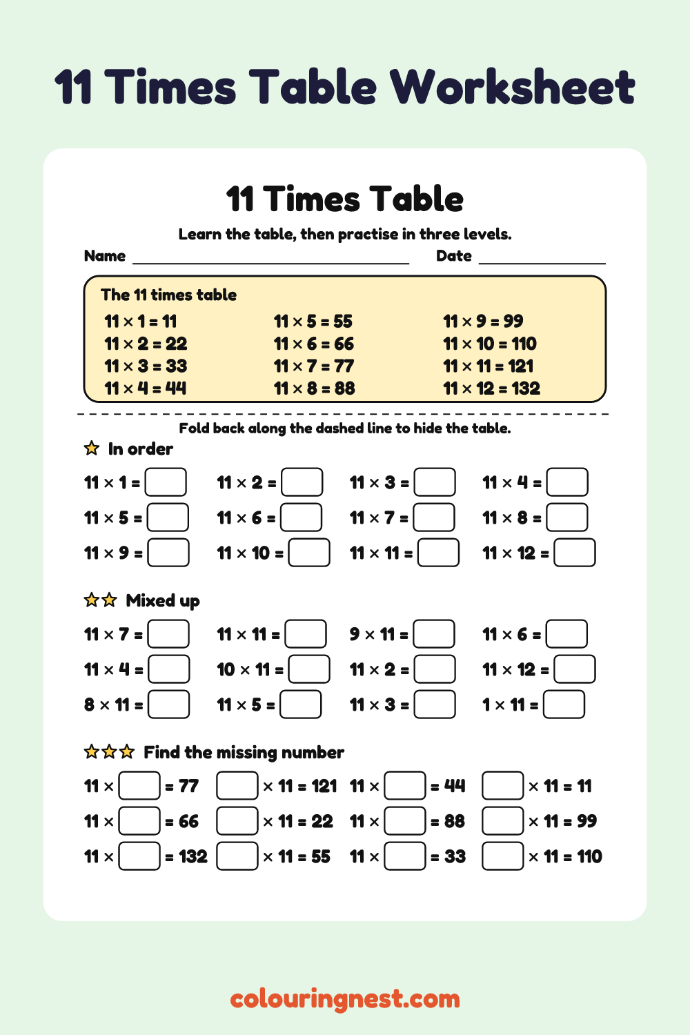 11 Times Table: free printable maths worksheet from Colouring Nest