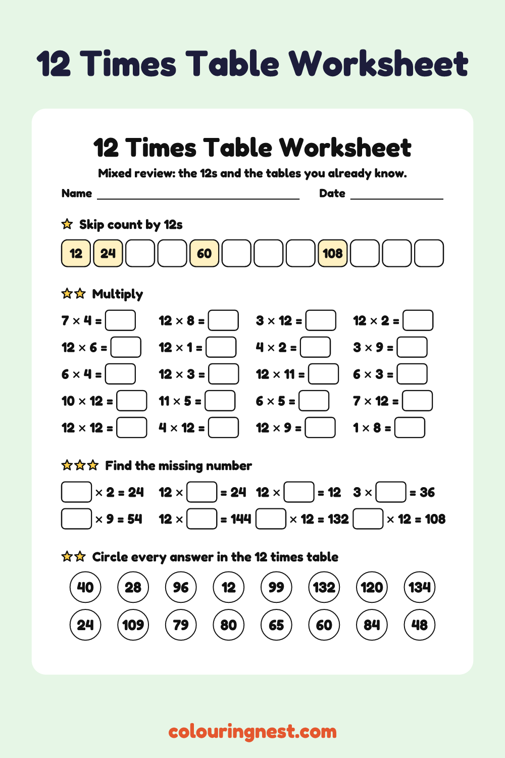12 Times Table Worksheet: free printable maths worksheet from Colouring Nest