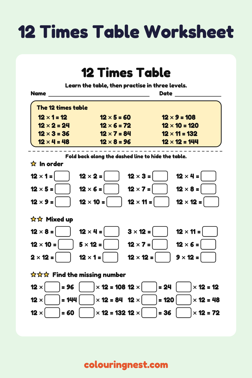 12 Times Table: free printable maths worksheet from Colouring Nest