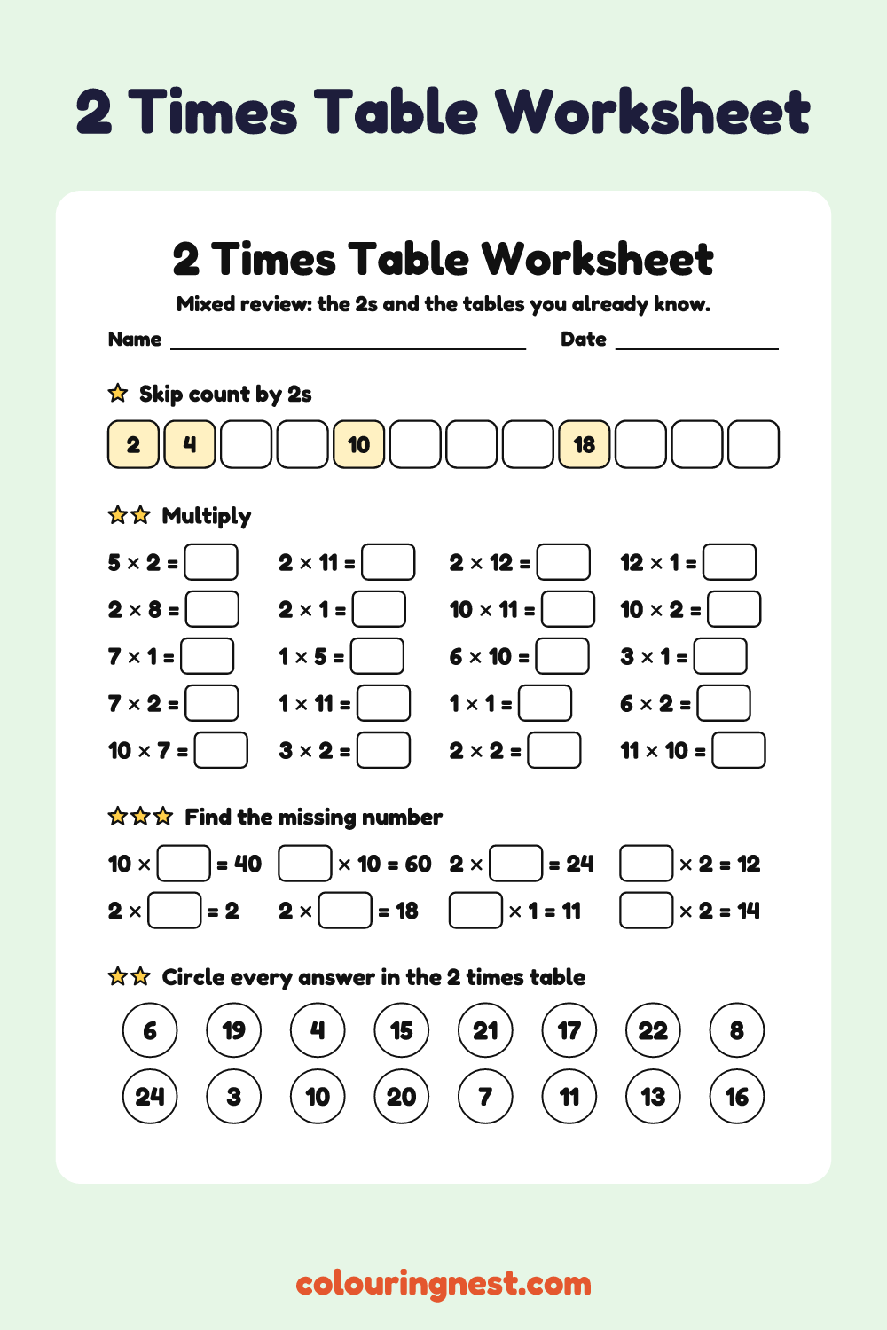 2 Times Table Worksheet: free printable maths worksheet from Colouring Nest