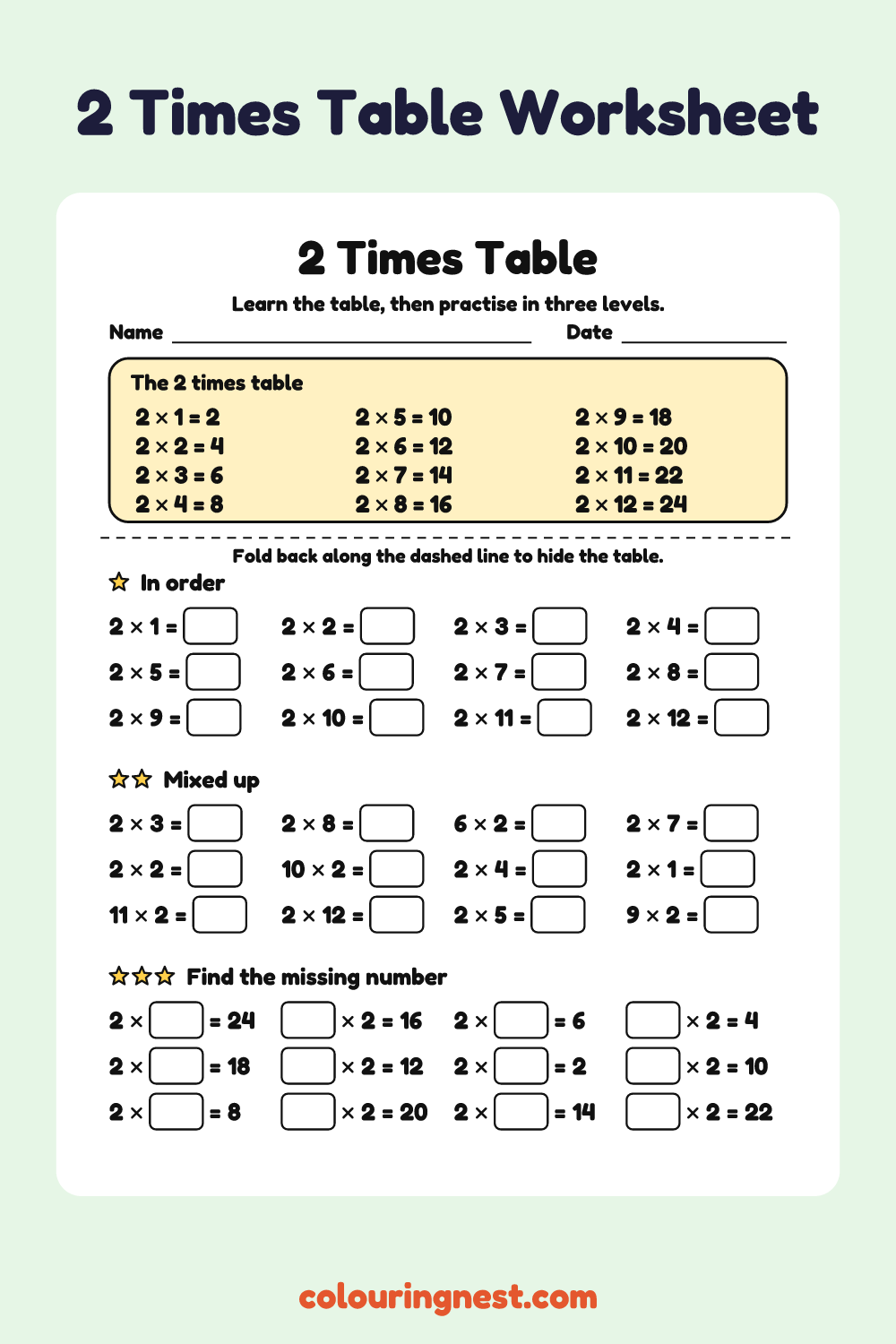 2 Times Table: free printable maths worksheet from Colouring Nest
